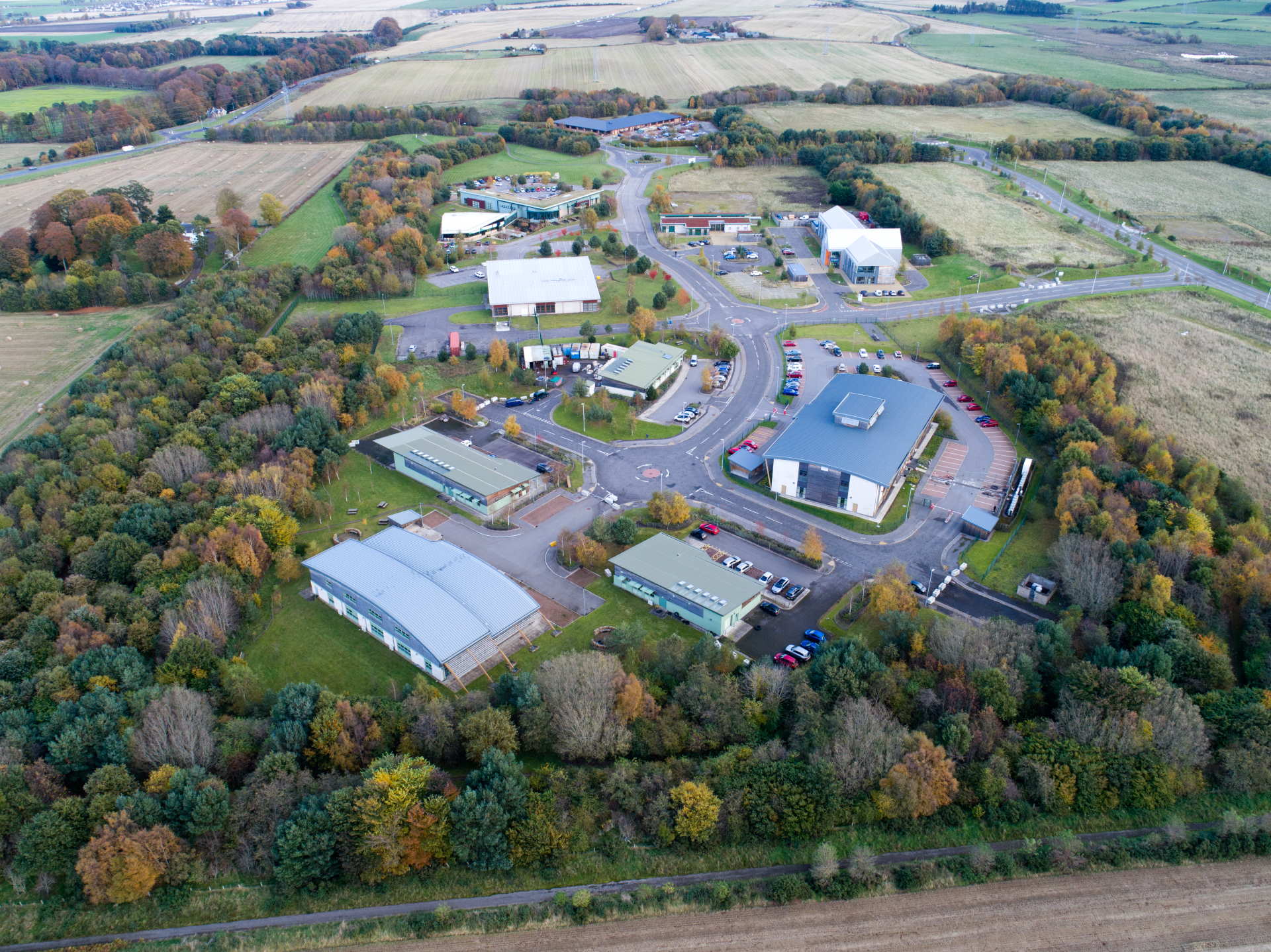Aerial view of the Enterprise Park Forres showing vast farm and green space surrounding it.